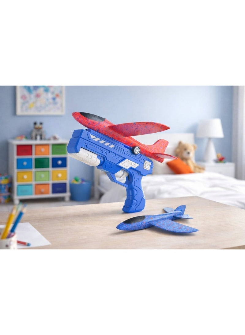 لعبة إطلاق الطائرات الرغوية للأطفال – 1 مطلق أزرق مع طائرتين رغويتين متنزلقتين، لعبة طيران خارجية للأطفال (ألوان الطائرات عشوائية) - Image 2